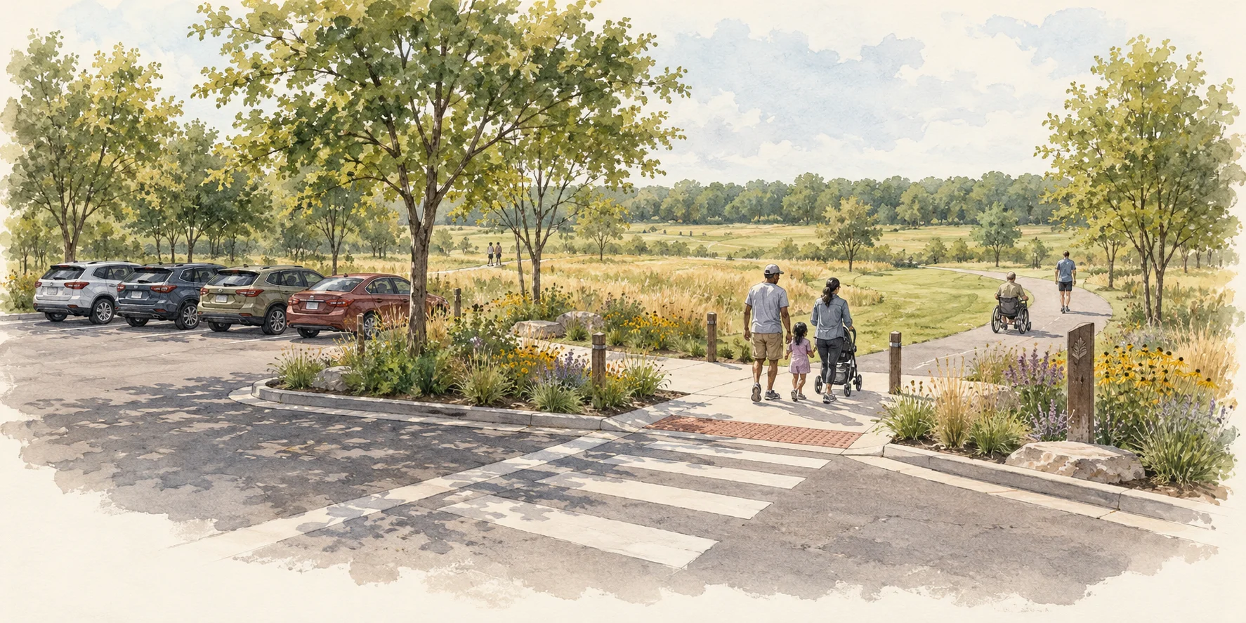 Watercolor concept of shaded parking and a marked pedestrian crossing leading to an accessible meadow path
