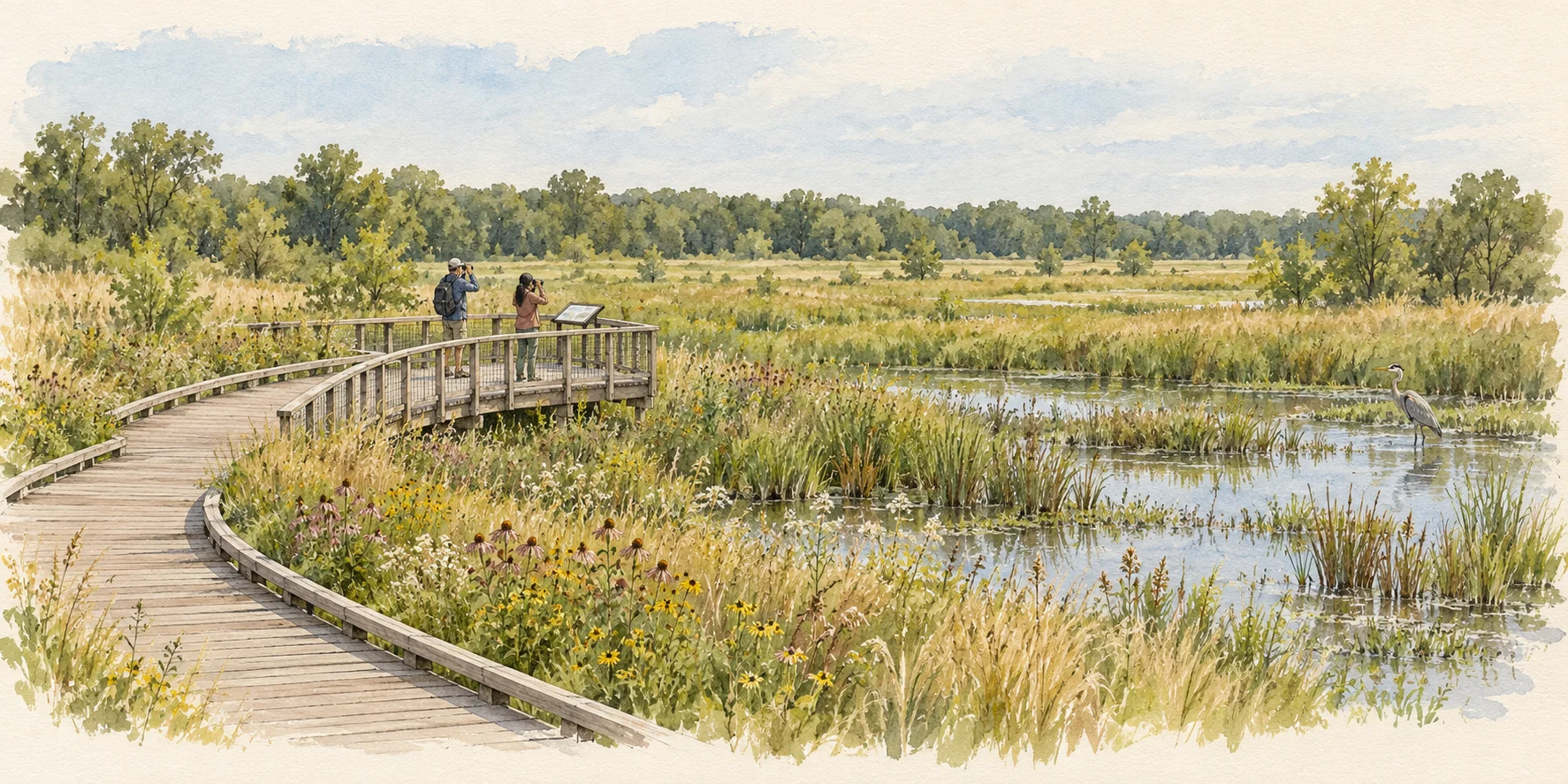 Watercolor concept of birdwatchers on a boardwalk overlooking native meadow wetlands and a heron