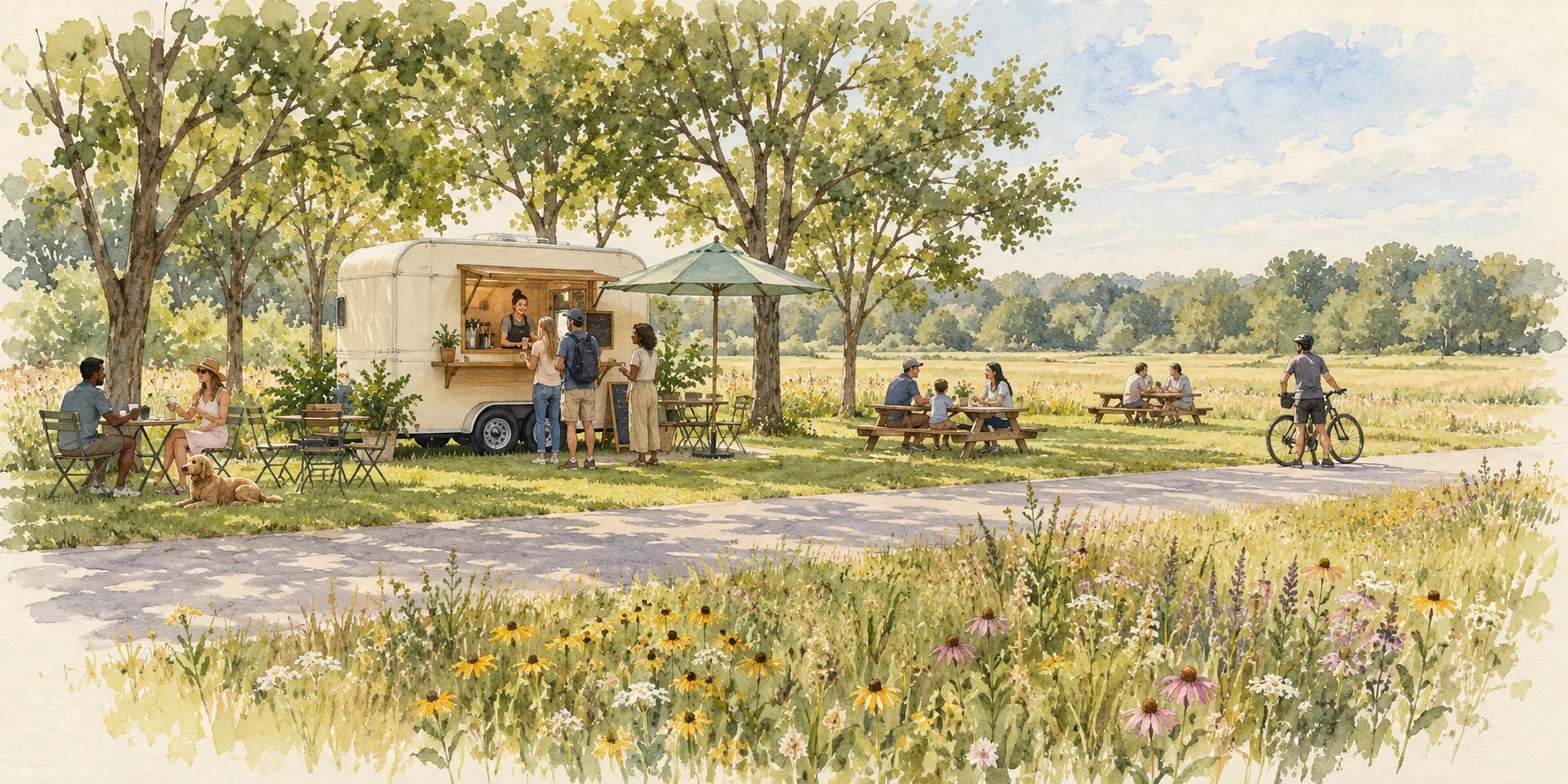 Watercolor concept of a coffee trailer with outdoor tables and visitors beside a meadow trail