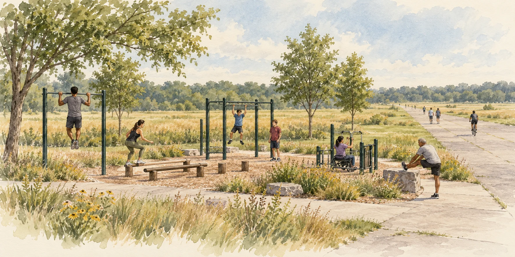 Watercolor concept of people using outdoor fitness equipment, including an accessible station, beside the airfield