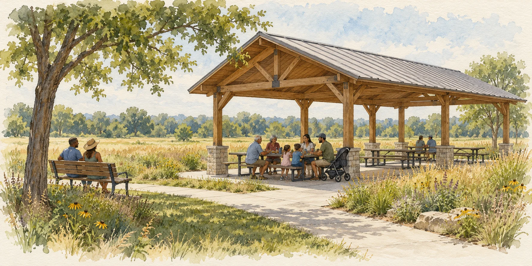Watercolor concept of families gathering at picnic tables beneath a timber pavilion beside a wildflower meadow