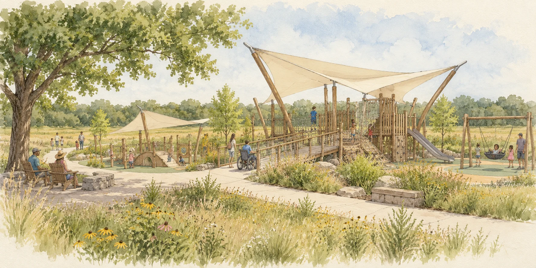 Watercolor concept of an accessible meadow playground with shade sails, a ramp, climbing equipment and swings