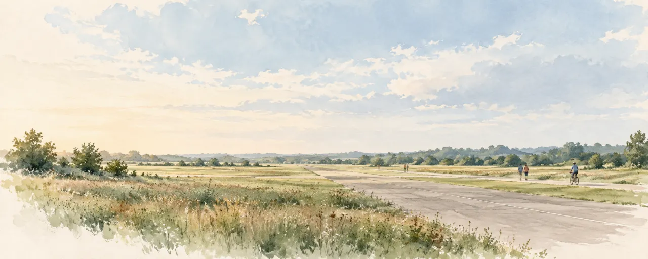 Conceptual watercolor of an open meadow and the paved runway corridor, with people walking and cycling